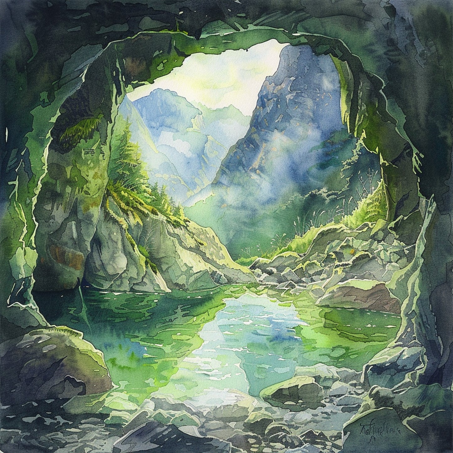 Cave Landscape – Watercolor Paint by Numbers DIY Kit for Nature Lovers and Artists of All Levels
