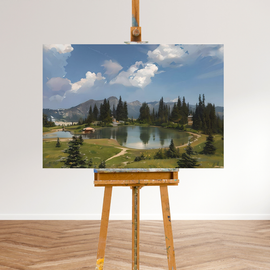 Tranquil Alpine Lake DIY Paint by number Kit – Serene Mountain Scenery with Reflective Waters and Verdant Pines, Perfect for Nature Lovers